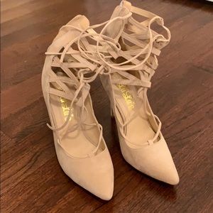 Lulu’s Suede Pointed Lace Up Heels